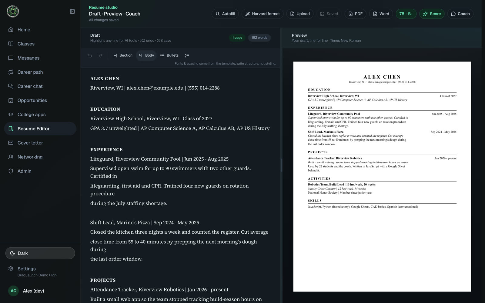 Resume Studio with ATS grading