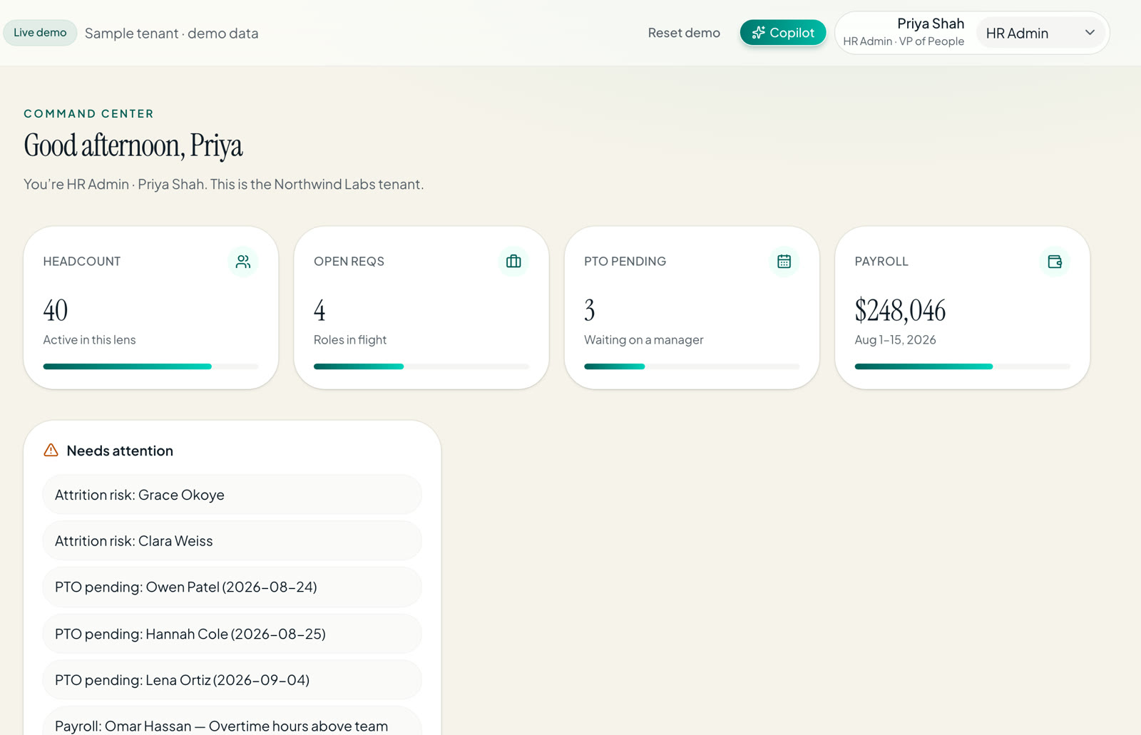 Sample HR platform dashboard